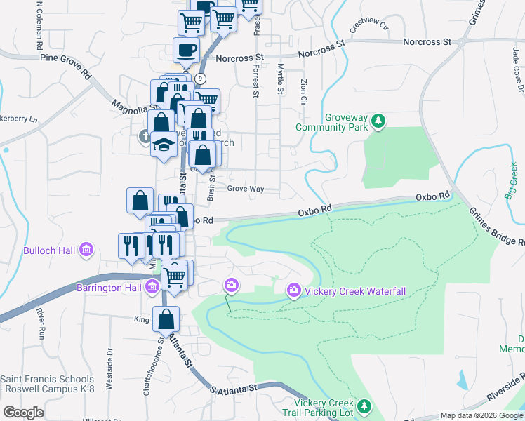 map of restaurants, bars, coffee shops, grocery stores, and more near 160 Oxbo Road in Roswell