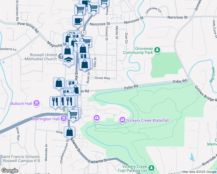 map of restaurants, bars, coffee shops, grocery stores, and more near 160 Oxbo Road in Roswell