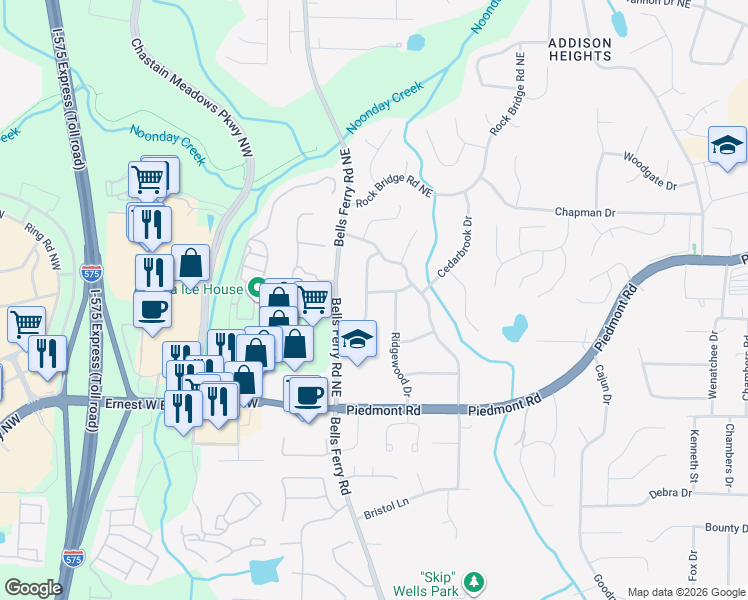 map of restaurants, bars, coffee shops, grocery stores, and more near 2770 Fern Valley Road in Marietta