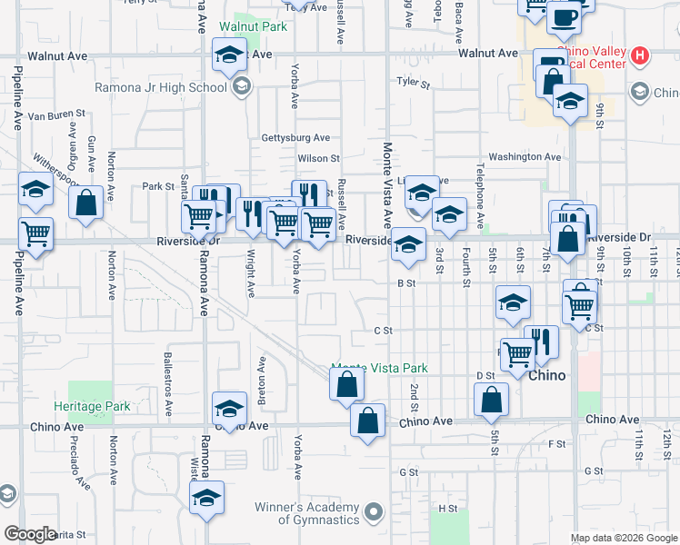 map of restaurants, bars, coffee shops, grocery stores, and more near 4798 Oceanside Drive in Chino