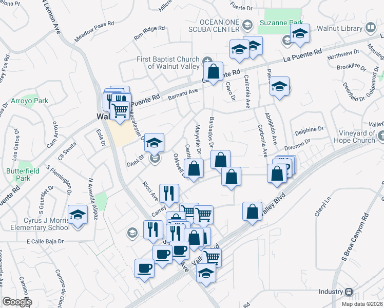 map of restaurants, bars, coffee shops, grocery stores, and more near 20510 Divonne Drive in Walnut