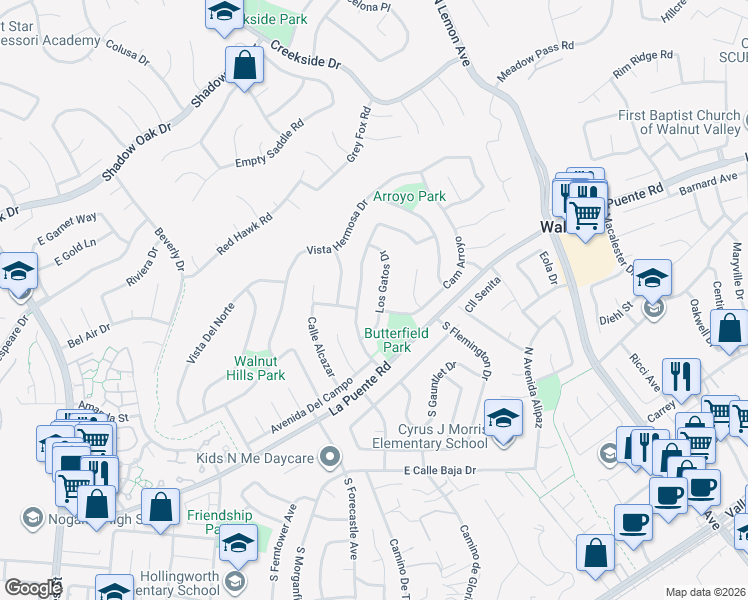 map of restaurants, bars, coffee shops, grocery stores, and more near 340 Los Gatos Drive in Walnut