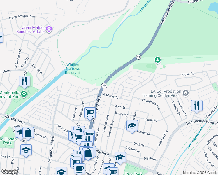 map of restaurants, bars, coffee shops, grocery stores, and more near 3841 Berkshire Road in Pico Rivera