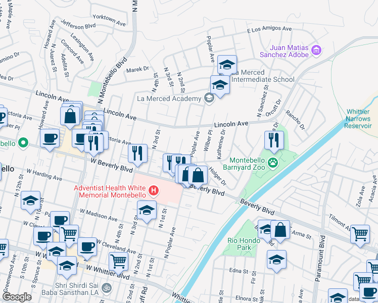 map of restaurants, bars, coffee shops, grocery stores, and more near 611 North Poplar Avenue in Montebello