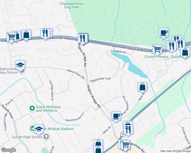 map of restaurants, bars, coffee shops, grocery stores, and more near 3856 Stonebriar Lane in Duluth