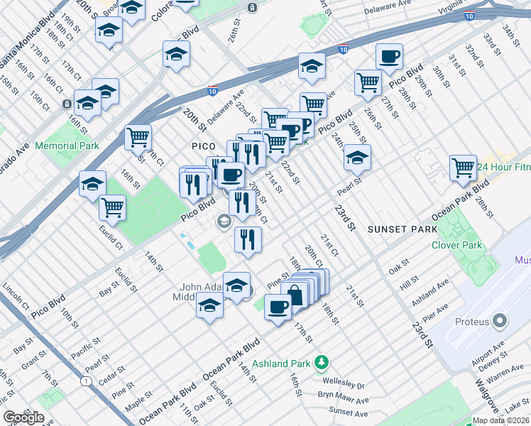 map of restaurants, bars, coffee shops, grocery stores, and more near 2228 20th Street in Santa Monica