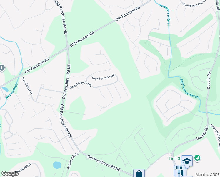 map of restaurants, bars, coffee shops, grocery stores, and more near 1990 Alder Tree Way in Dacula