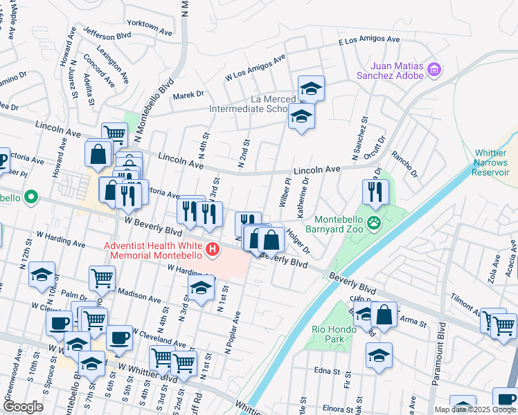 map of restaurants, bars, coffee shops, grocery stores, and more near 611 North Poplar Avenue in Montebello