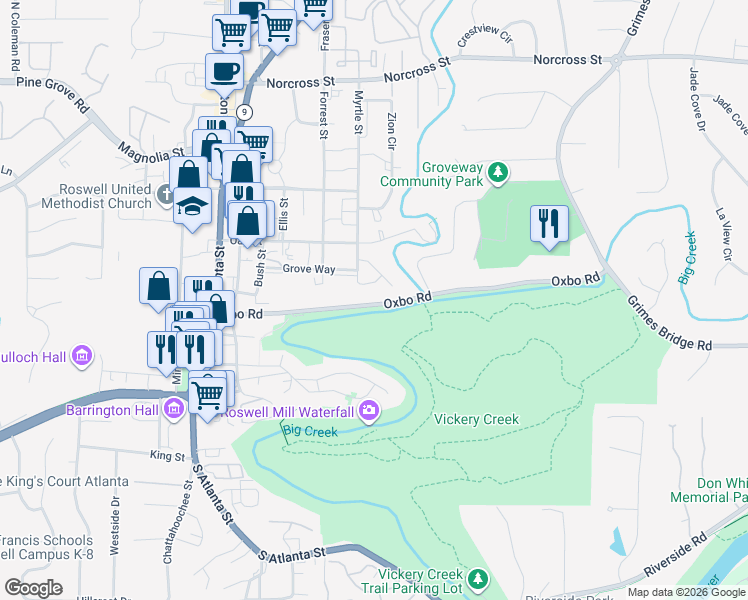 map of restaurants, bars, coffee shops, grocery stores, and more near 210 Oxbo Road in Roswell