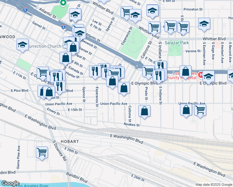 map of restaurants, bars, coffee shops, grocery stores, and more near 1201-1435 Calada Street in Los Angeles