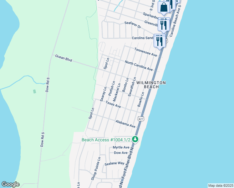 map of restaurants, bars, coffee shops, grocery stores, and more near 1505 Mackerel Lane in Carolina Beach