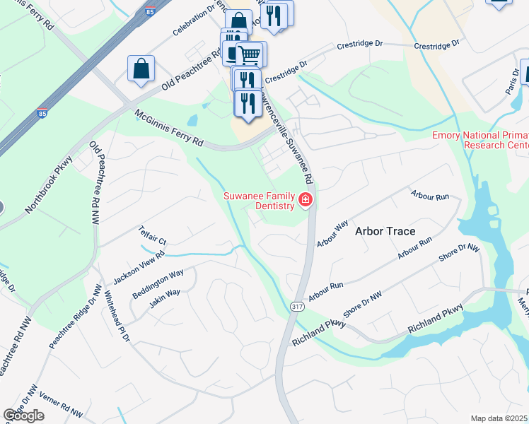 map of restaurants, bars, coffee shops, grocery stores, and more near 1883 Frisco Way in Suwanee