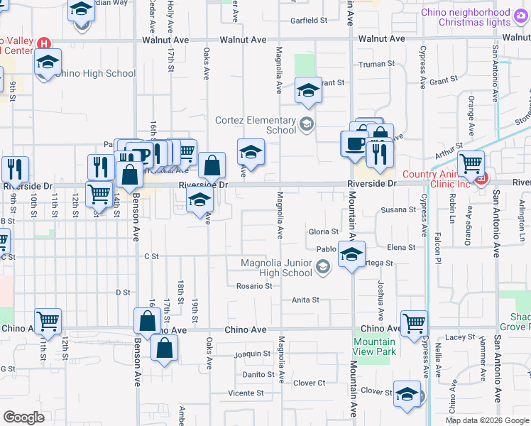 map of restaurants, bars, coffee shops, grocery stores, and more near 6061 Barbara Street in Chino