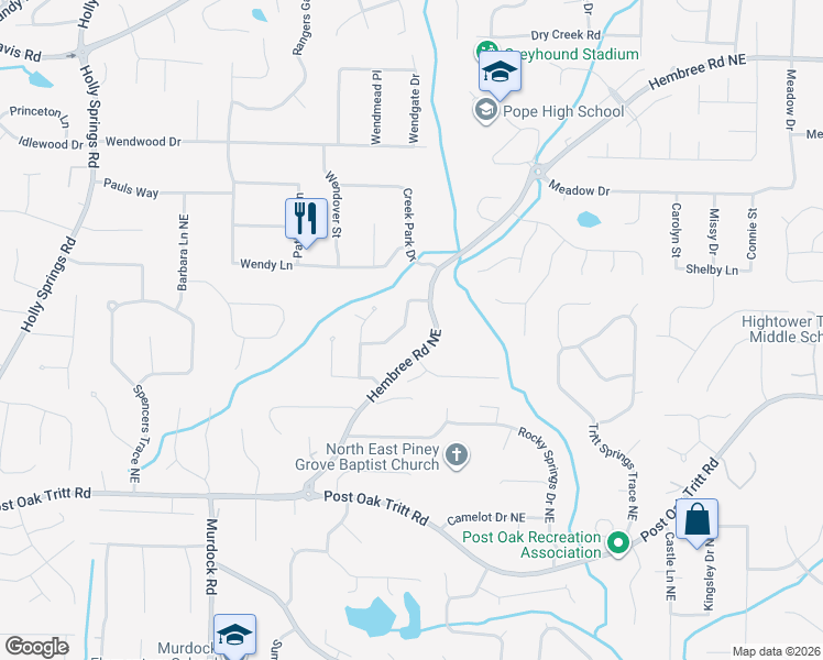 map of restaurants, bars, coffee shops, grocery stores, and more near 2775 Hembree Road Northeast in Marietta