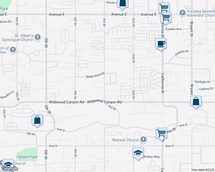 map of restaurants, bars, coffee shops, grocery stores, and more near 34741 Knarr Road in Yucaipa
