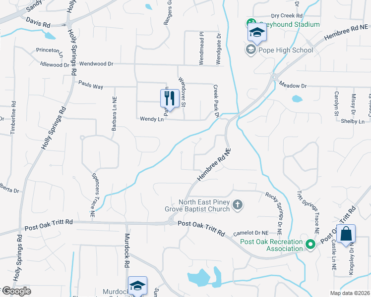 map of restaurants, bars, coffee shops, grocery stores, and more near 2777 Field Creek Court in Marietta