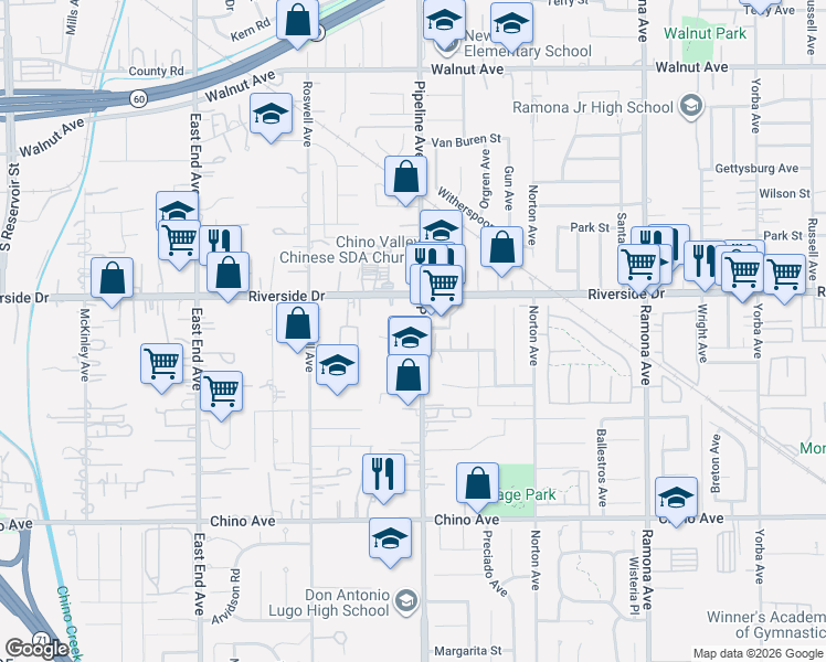 map of restaurants, bars, coffee shops, grocery stores, and more near 13005 Pipeline Avenue in Chino