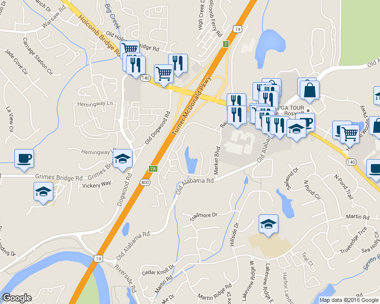 map of restaurants, bars, coffee shops, grocery stores, and more near 1453 Raintree Crossing in Roswell