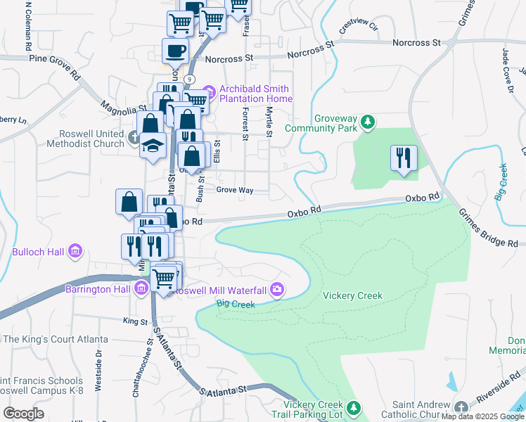 map of restaurants, bars, coffee shops, grocery stores, and more near 210 Oxbo Road in Roswell