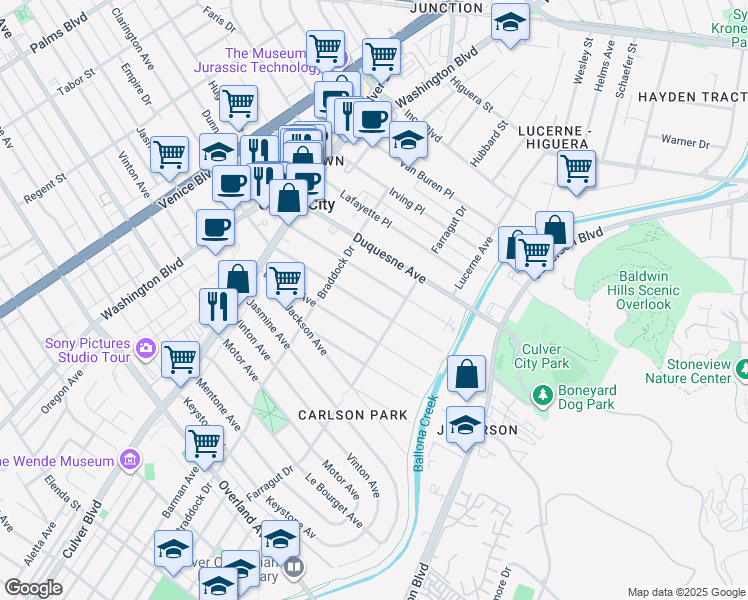 map of restaurants, bars, coffee shops, grocery stores, and more near 4160 Madison Avenue in Culver City