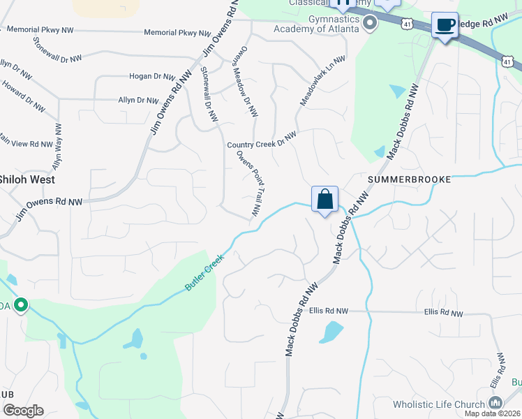 map of restaurants, bars, coffee shops, grocery stores, and more near 2922 Owens Point Trail Northwest in Kennesaw