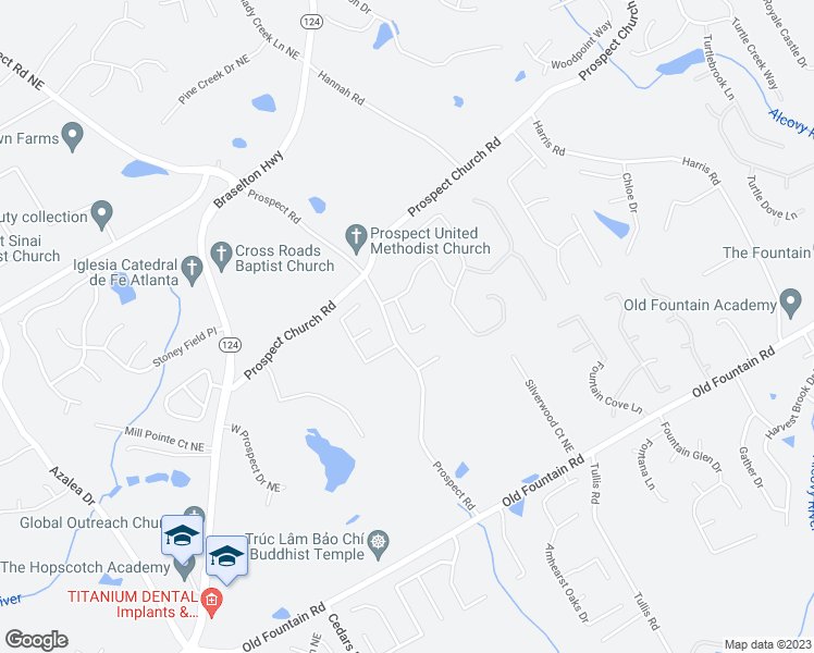 map of restaurants, bars, coffee shops, grocery stores, and more near Prospect Creek Court in Lawrenceville