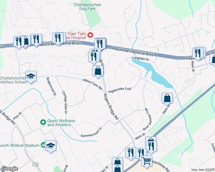map of restaurants, bars, coffee shops, grocery stores, and more near 3920 Stonebriar Court in Duluth