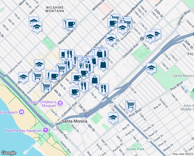 map of restaurants, bars, coffee shops, grocery stores, and more near 1519 9th Street in Santa Monica