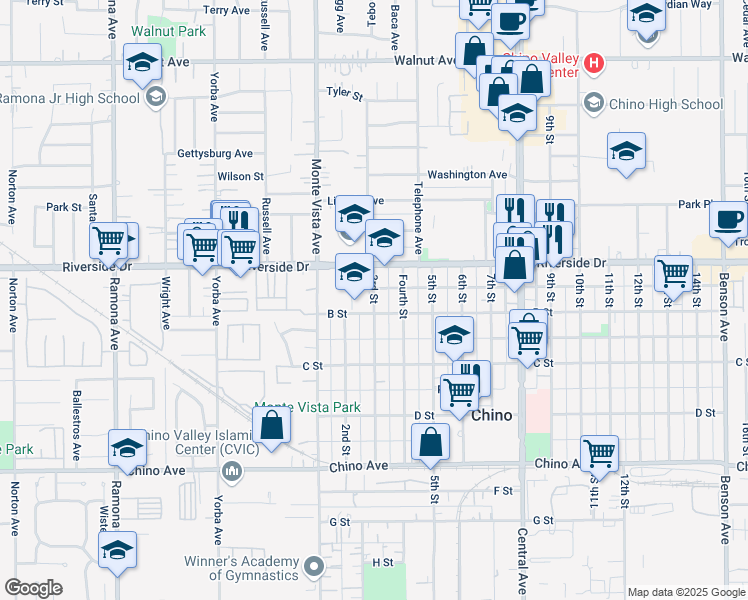 map of restaurants, bars, coffee shops, grocery stores, and more near 12939 3rd Street in Chino