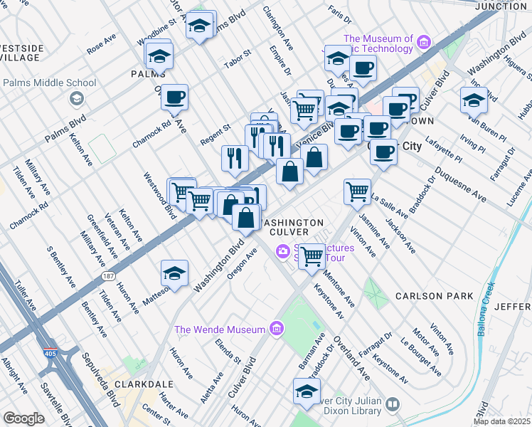 map of restaurants, bars, coffee shops, grocery stores, and more near 3861 Mentone Avenue in Culver City