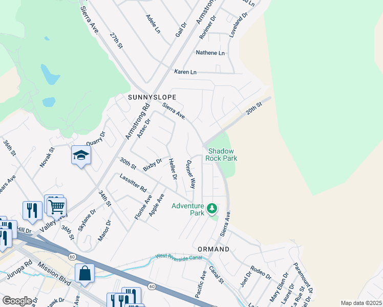 map of restaurants, bars, coffee shops, grocery stores, and more near 2831 Donner Way in Riverside