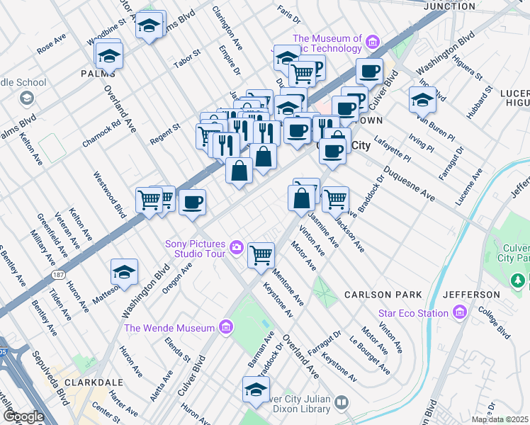 map of restaurants, bars, coffee shops, grocery stores, and more near 10202 Washington Boulevard in Culver City