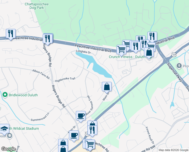 map of restaurants, bars, coffee shops, grocery stores, and more near 3714 Clearbrooke Way in Duluth