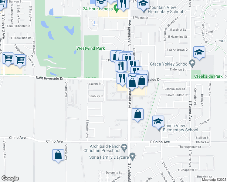 map of restaurants, bars, coffee shops, grocery stores, and more near 2550 East Riverside Drive in Ontario