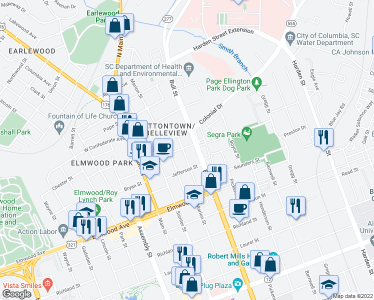 map of restaurants, bars, coffee shops, grocery stores, and more near 1432 Franklin Street in Columbia