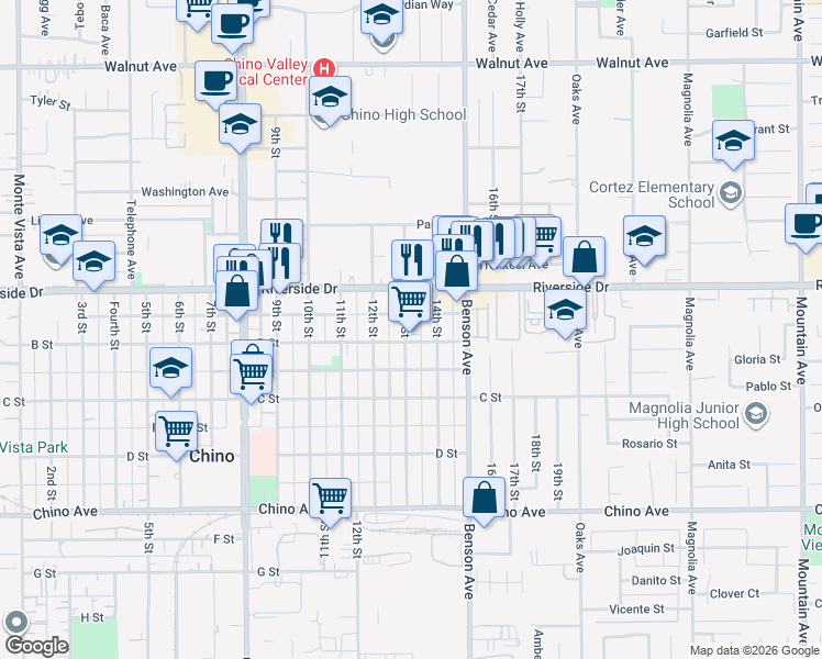 map of restaurants, bars, coffee shops, grocery stores, and more near 12931 13th Street in Chino