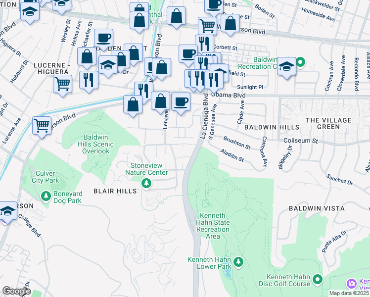 map of restaurants, bars, coffee shops, grocery stores, and more near 3801 South La Cienega Boulevard in Culver City