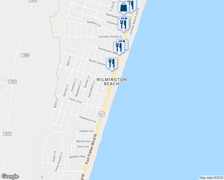 map of restaurants, bars, coffee shops, grocery stores, and more near 1411 Lake Park Boulevard South in Carolina Beach