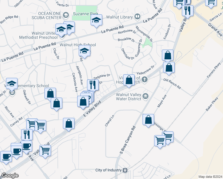 map of restaurants, bars, coffee shops, grocery stores, and more near 21042 Cornerstone Drive in Walnut