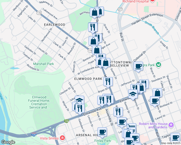 map of restaurants, bars, coffee shops, grocery stores, and more near 1027 Confederate Avenue in Columbia
