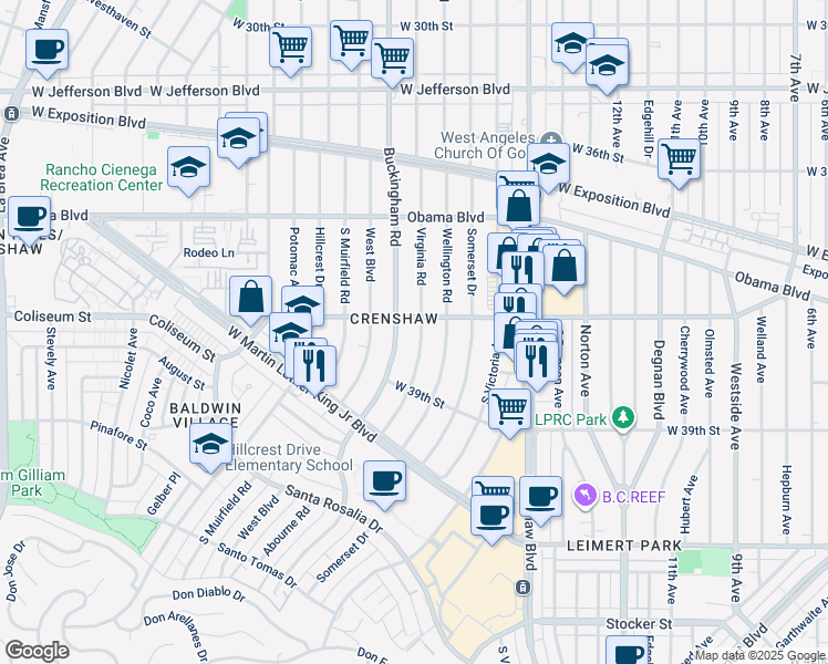 map of restaurants, bars, coffee shops, grocery stores, and more near 3749 Virginia Road in Los Angeles
