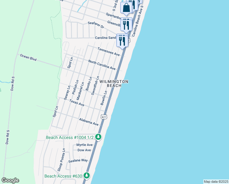map of restaurants, bars, coffee shops, grocery stores, and more near 1411 Lake Park Boulevard South in Carolina Beach