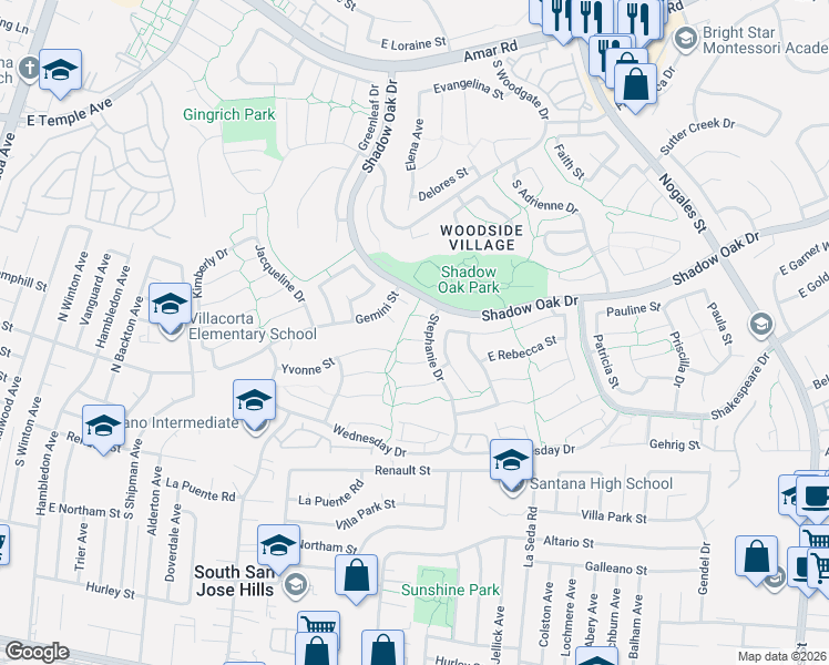 map of restaurants, bars, coffee shops, grocery stores, and more near 2033 Sheba Court in West Covina