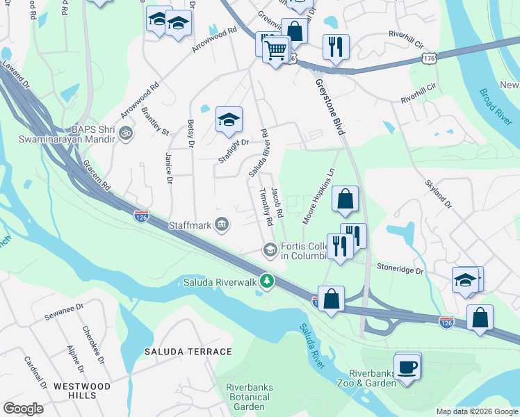 map of restaurants, bars, coffee shops, grocery stores, and more near 312 Saluda River Road in Columbia