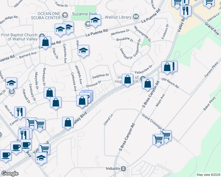 map of restaurants, bars, coffee shops, grocery stores, and more near 20982 Divonne Drive in Walnut