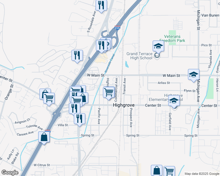 map of restaurants, bars, coffee shops, grocery stores, and more near 87 Highland Avenue in Riverside