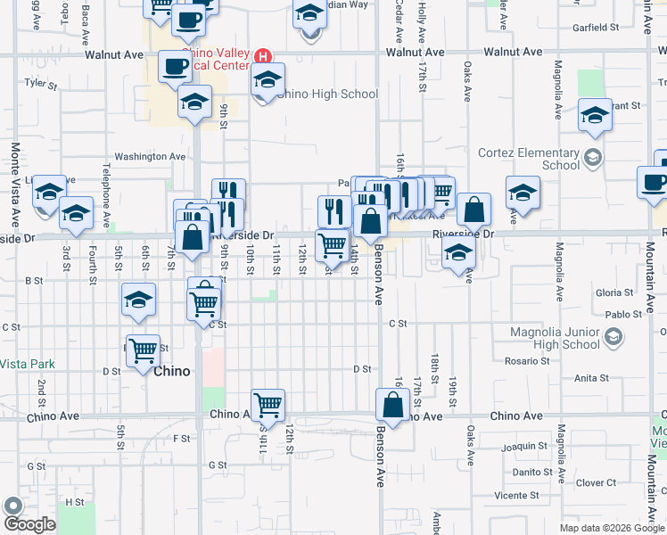 map of restaurants, bars, coffee shops, grocery stores, and more near 12931 13th Street in Chino