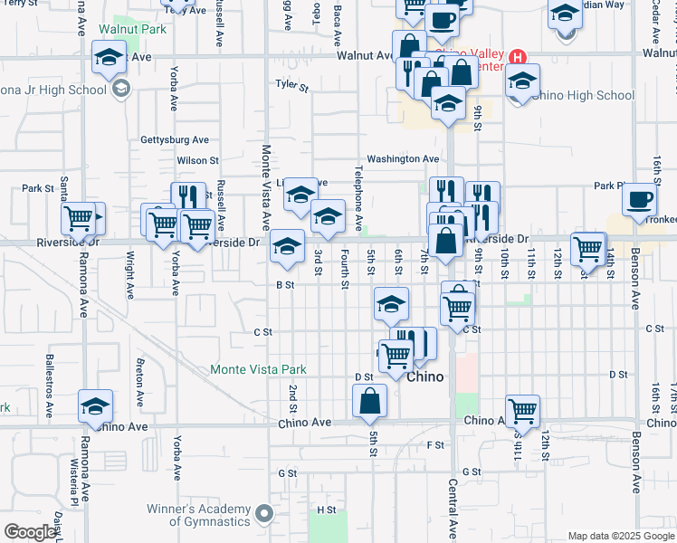 map of restaurants, bars, coffee shops, grocery stores, and more near 12924 Fourth Street in Chino