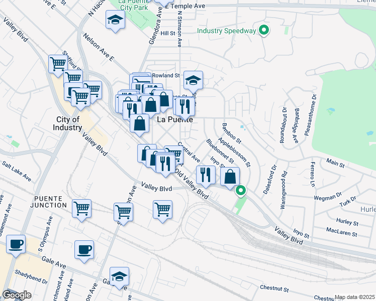 map of restaurants, bars, coffee shops, grocery stores, and more near 162 Greenbriar Lane in La Puente