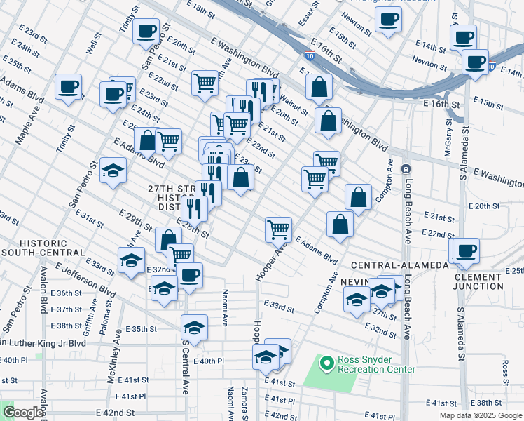 map of restaurants, bars, coffee shops, grocery stores, and more near 1172 East 25th Street in Los Angeles
